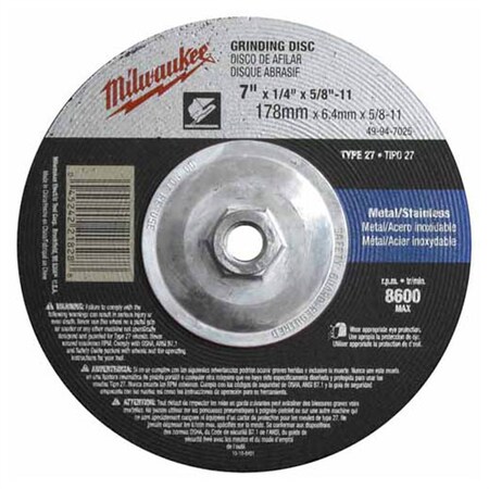 Milwaukee Tool Type 27, 7 in Dia, 1/8 in Thick, 5/8"-11 Arbor Hole Size 49-94-7015